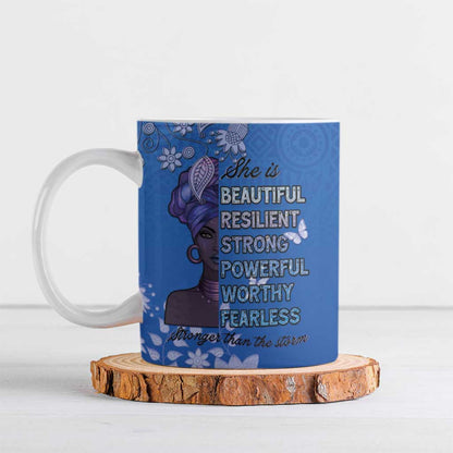 African Women Ceramic Mug Black Beautiful Brave and Bressed - Blue Color