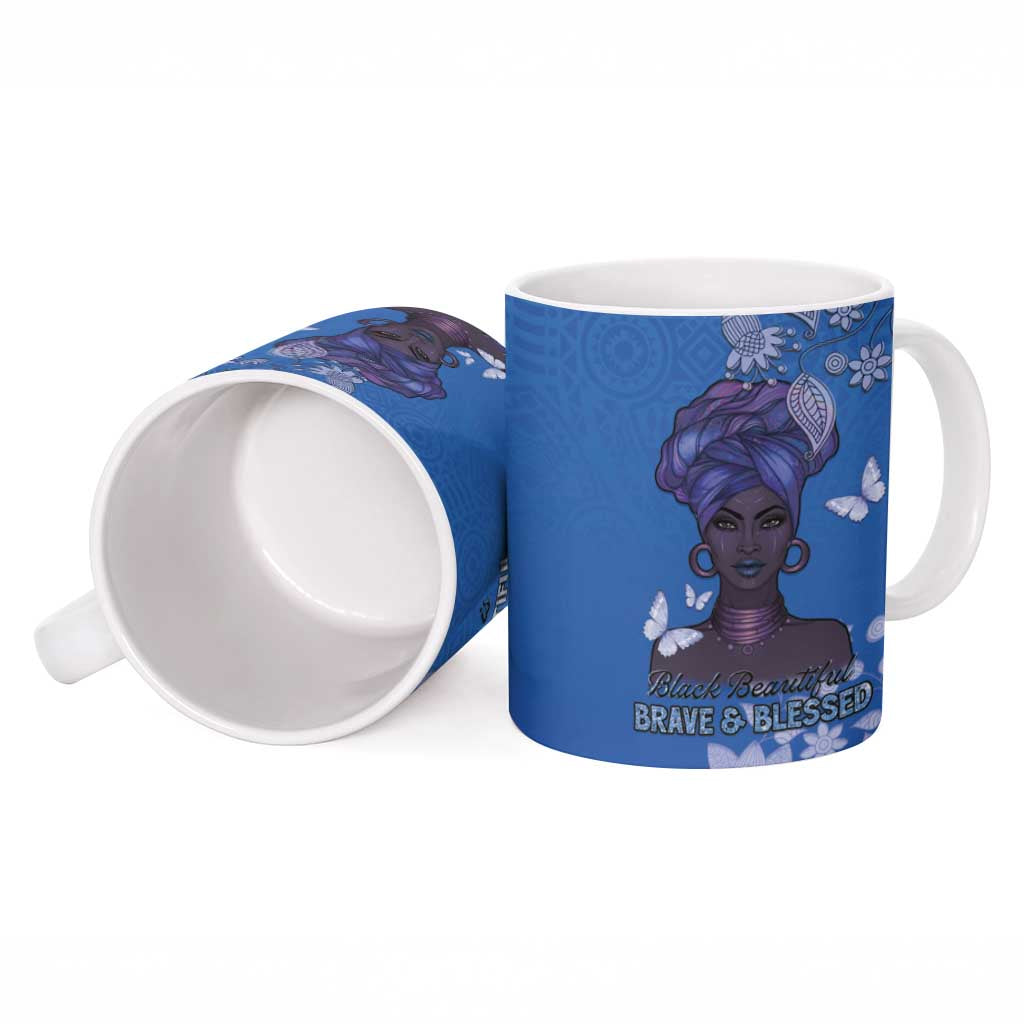 African Women Ceramic Mug Black Beautiful Brave and Bressed - Blue Color