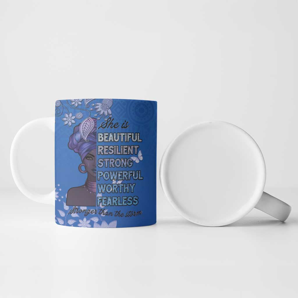 African Women Ceramic Mug Black Beautiful Brave and Bressed - Blue Color
