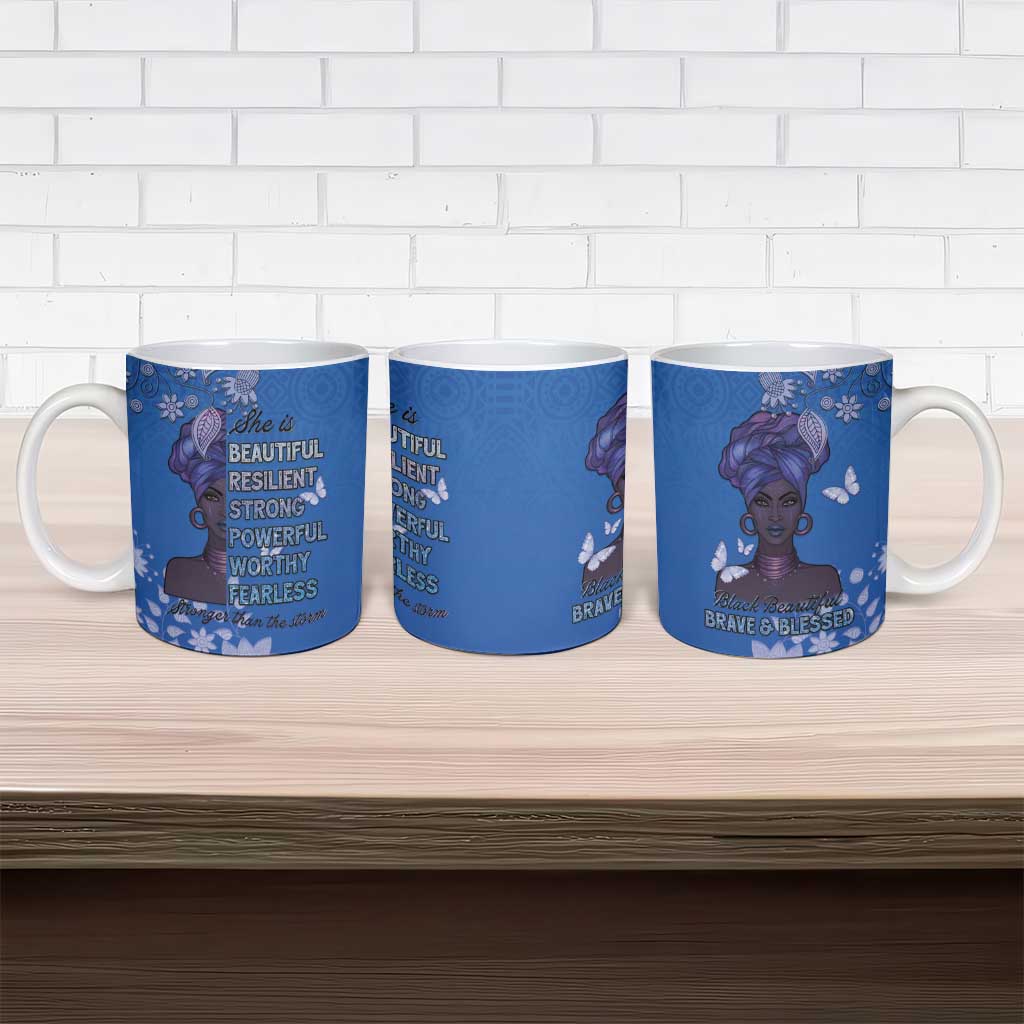 African Women Ceramic Mug Black Beautiful Brave and Bressed - Blue Color
