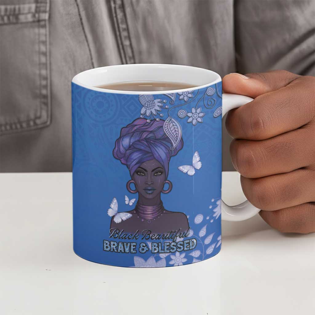 African Women Ceramic Mug Black Beautiful Brave and Bressed - Blue Color
