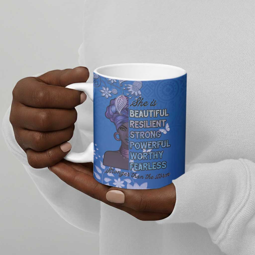 African Women Ceramic Mug Black Beautiful Brave and Bressed - Blue Color