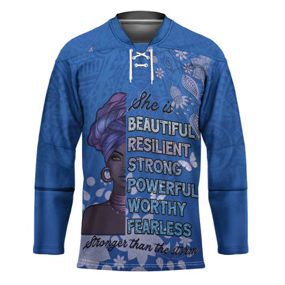 African Women Hockey Jersey Black Beautiful Brave and Bressed - Blue Color