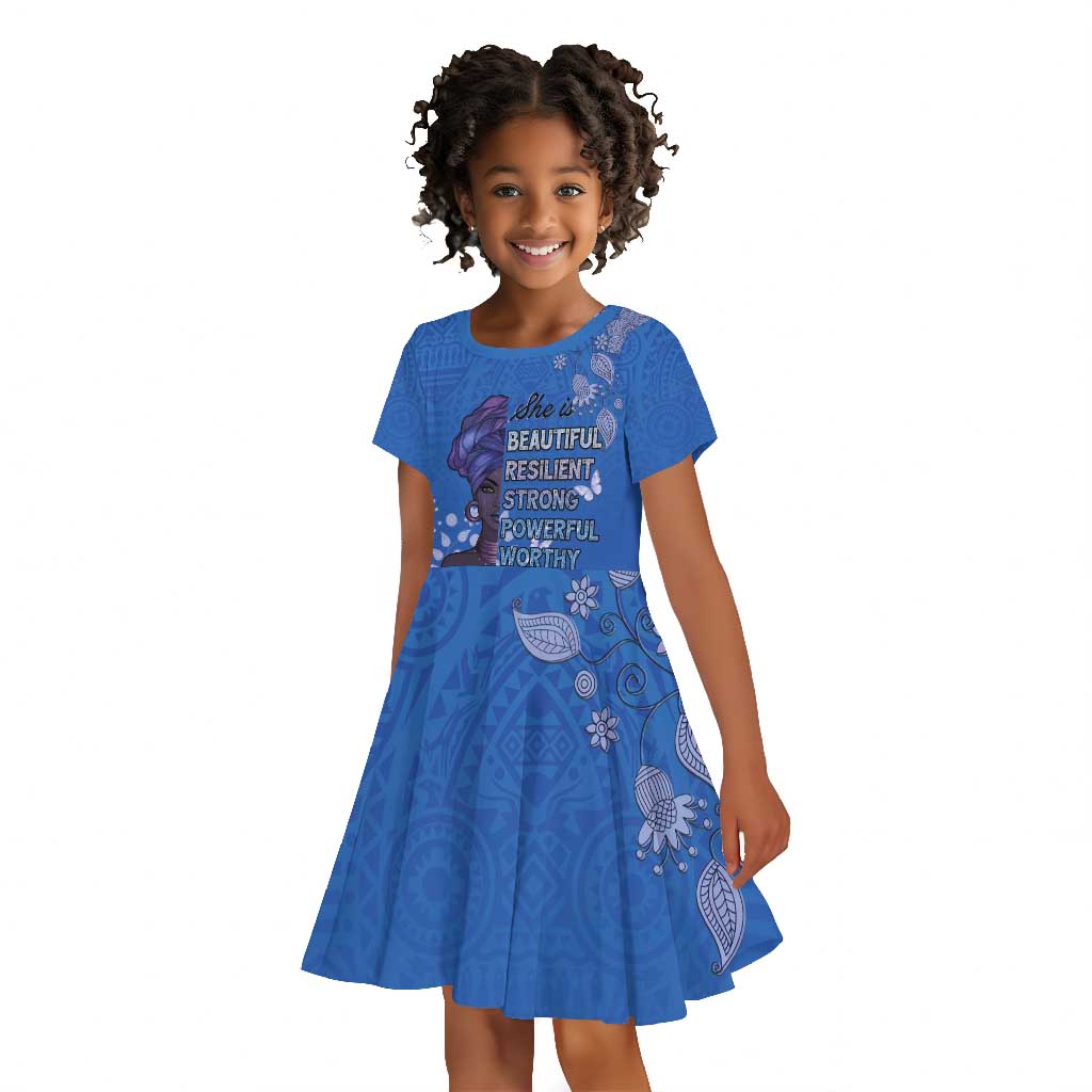 African Women Black Beautiful Brave and Bressed - Blue Color Kid Short Sleeve Dress - African Pride
