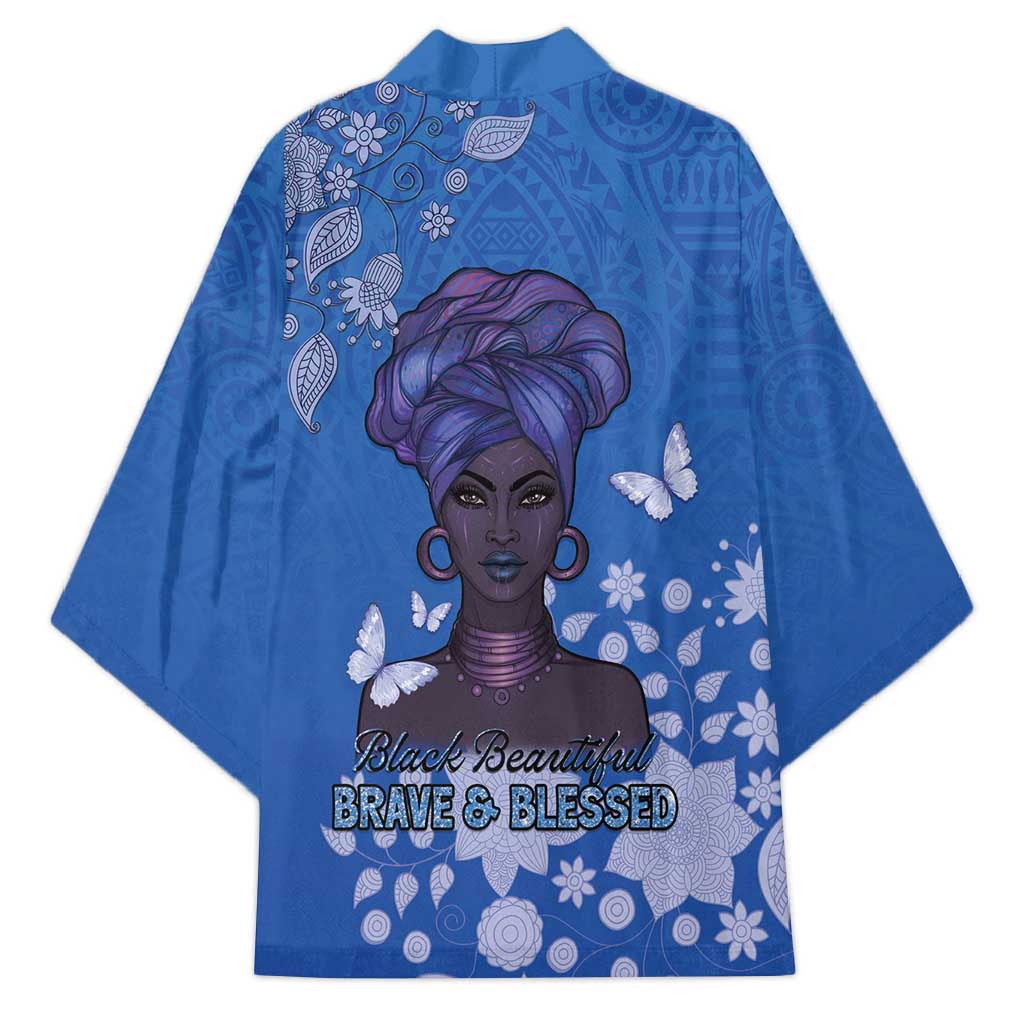 African Women Kimono Black Beautiful Brave and Bressed - Blue Color