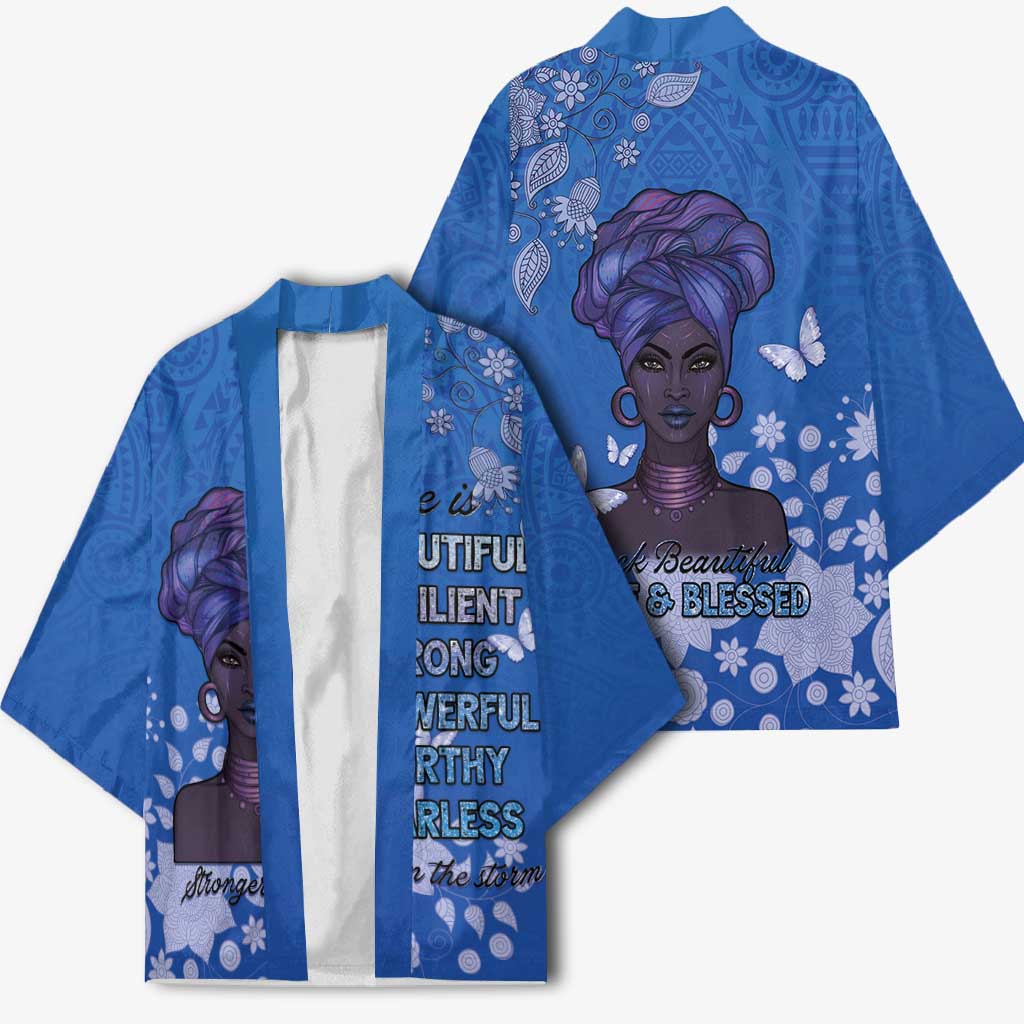 African Women Kimono Black Beautiful Brave and Bressed - Blue Color