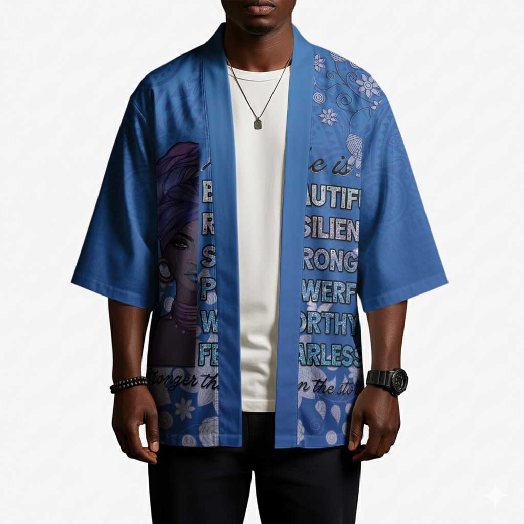 African Women Kimono Black Beautiful Brave and Bressed - Blue Color