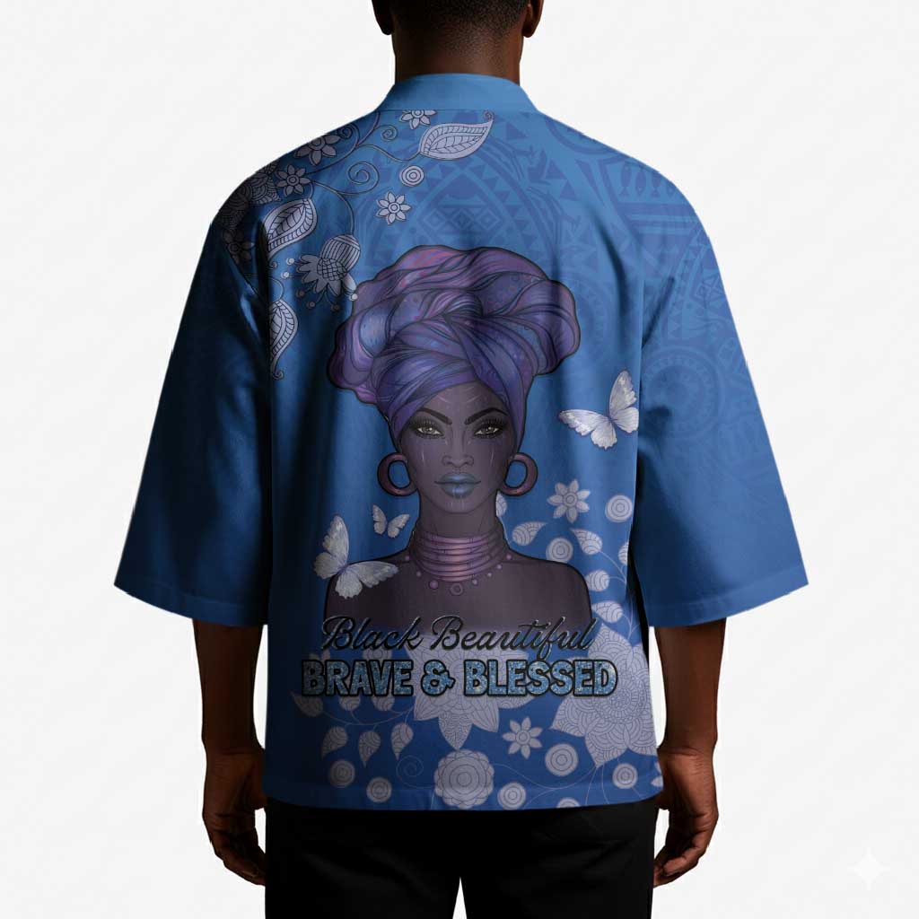 African Women Kimono Black Beautiful Brave and Bressed - Blue Color