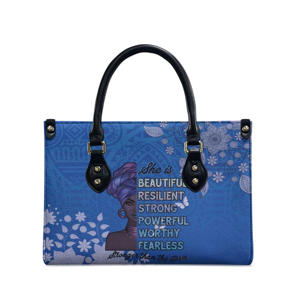 African Women Leather Bag Black Beautiful Brave and Bressed - Blue Color