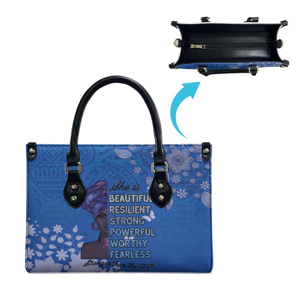 African Women Leather Bag Black Beautiful Brave and Bressed - Blue Color