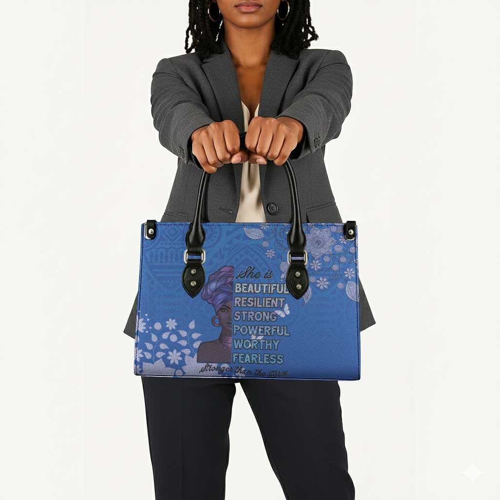 African Women Leather Bag Black Beautiful Brave and Bressed - Blue Color