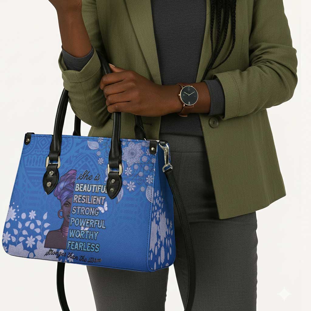 African Women Leather Bag Black Beautiful Brave and Bressed - Blue Color