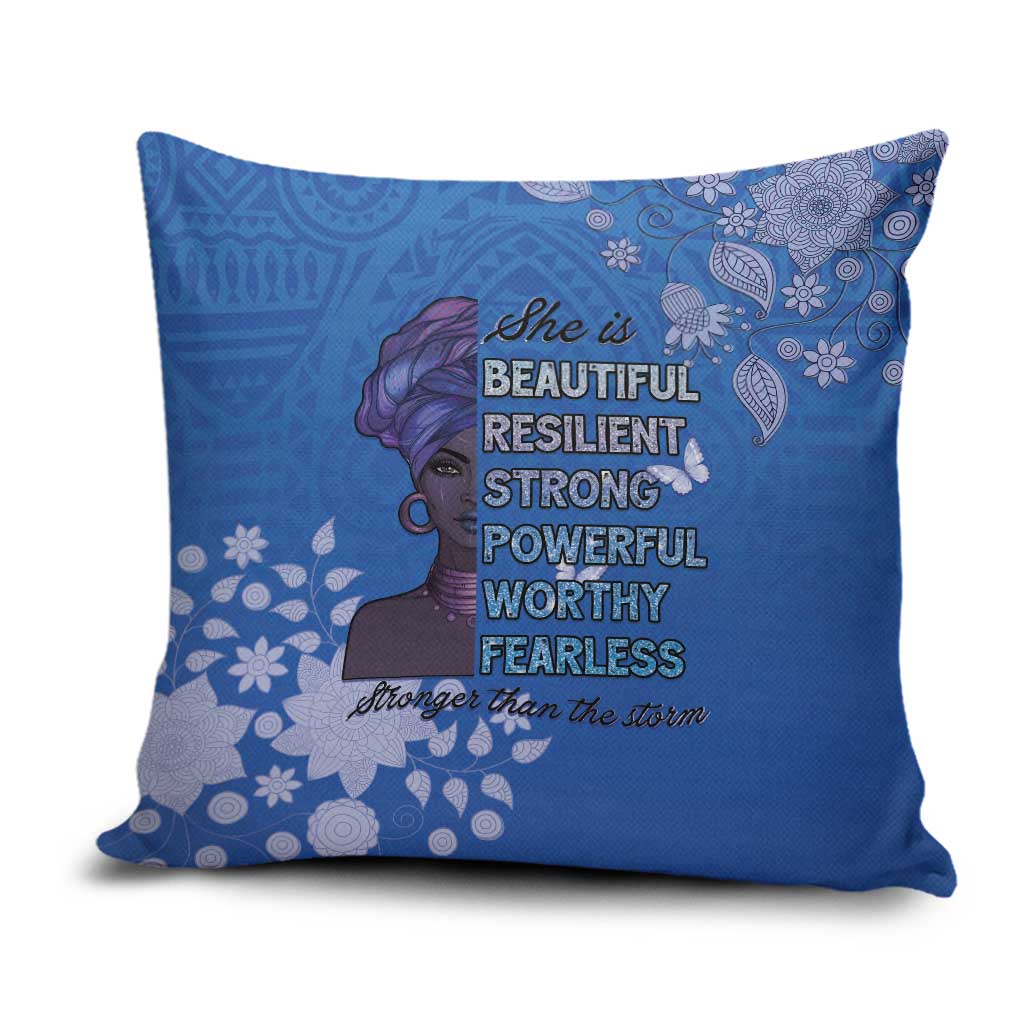 African Women Pillow Cover Black Beautiful Brave and Bressed - Blue Color