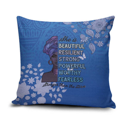 African Women Pillow Cover Black Beautiful Brave and Bressed - Blue Color