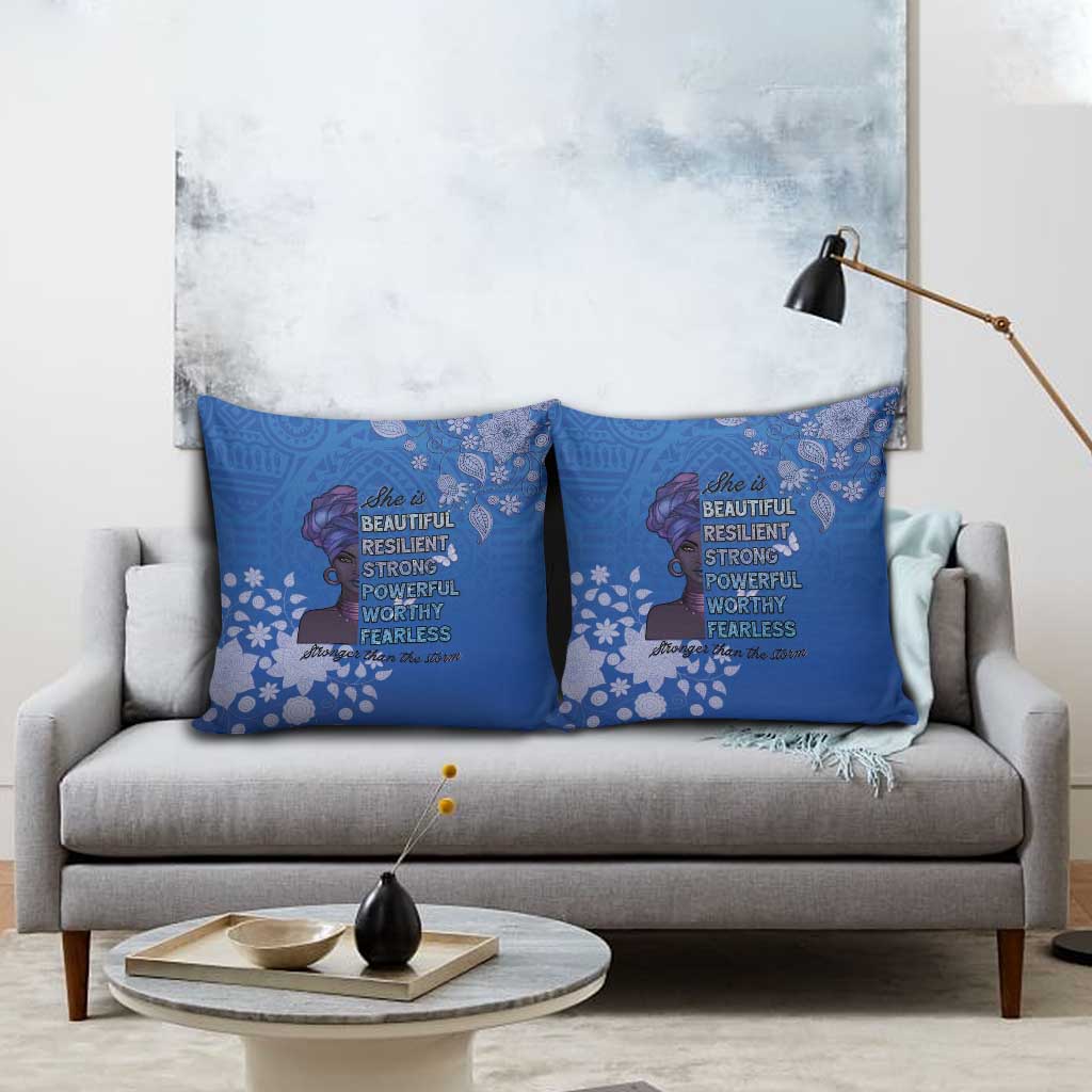 African Women Pillow Cover Black Beautiful Brave and Bressed - Blue Color