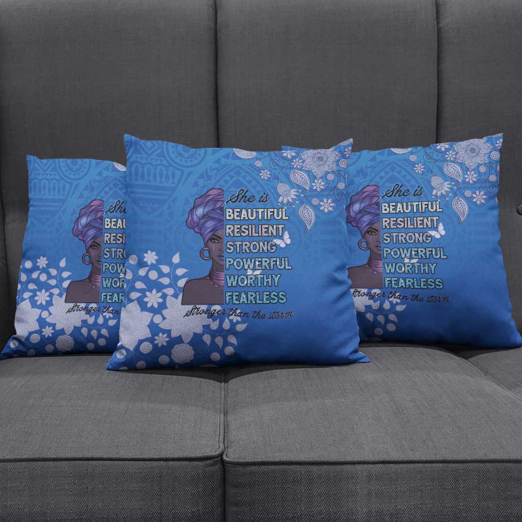 African Women Pillow Cover Black Beautiful Brave and Bressed - Blue Color