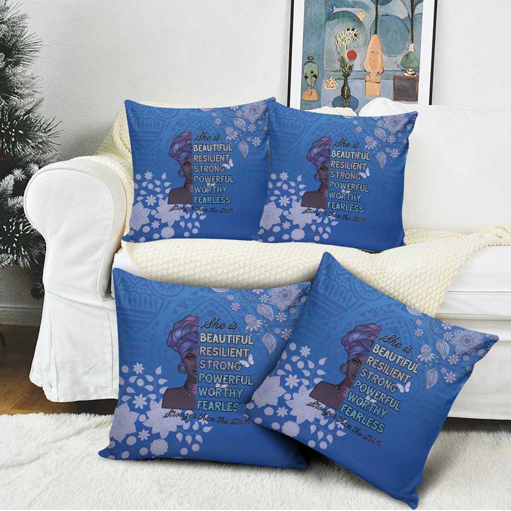 African Women Pillow Cover Black Beautiful Brave and Bressed - Blue Color