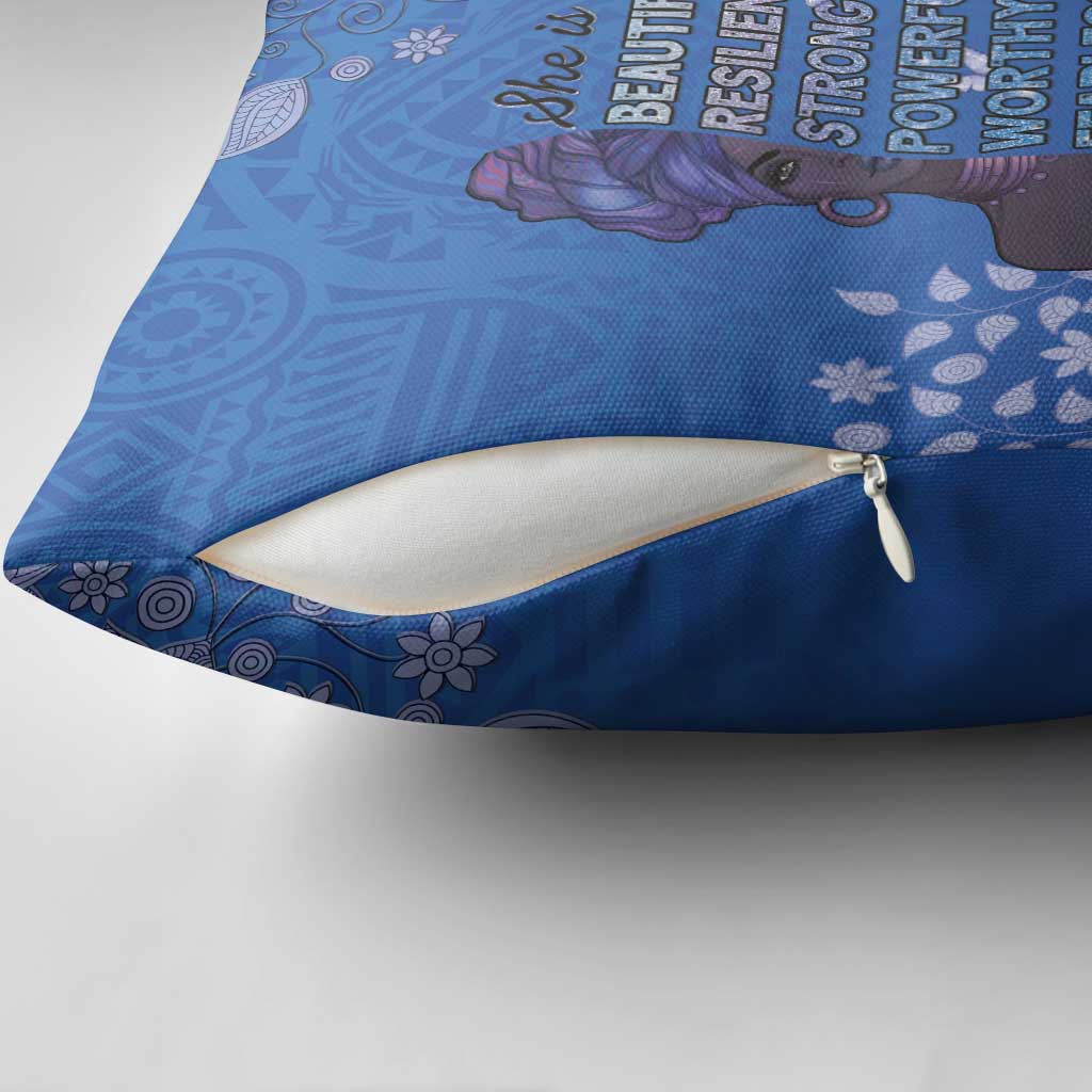 African Women Pillow Cover Black Beautiful Brave and Bressed - Blue Color