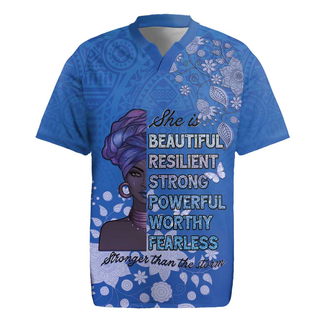 African Women Black Beautiful Brave and Bressed - Blue Color Rugby Jersey - African Pride