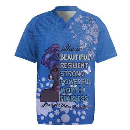 African Women Black Beautiful Brave and Bressed - Blue Color Rugby Jersey - African Pride