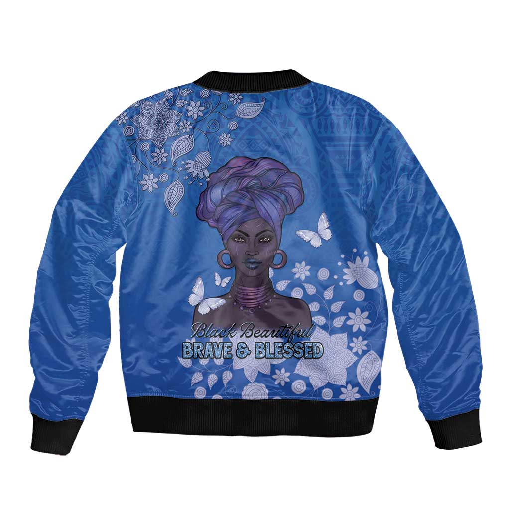 African Women Black Beautiful Brave and Bressed - Blue Color Sleeve Zip Bomber Jacket - African Pride