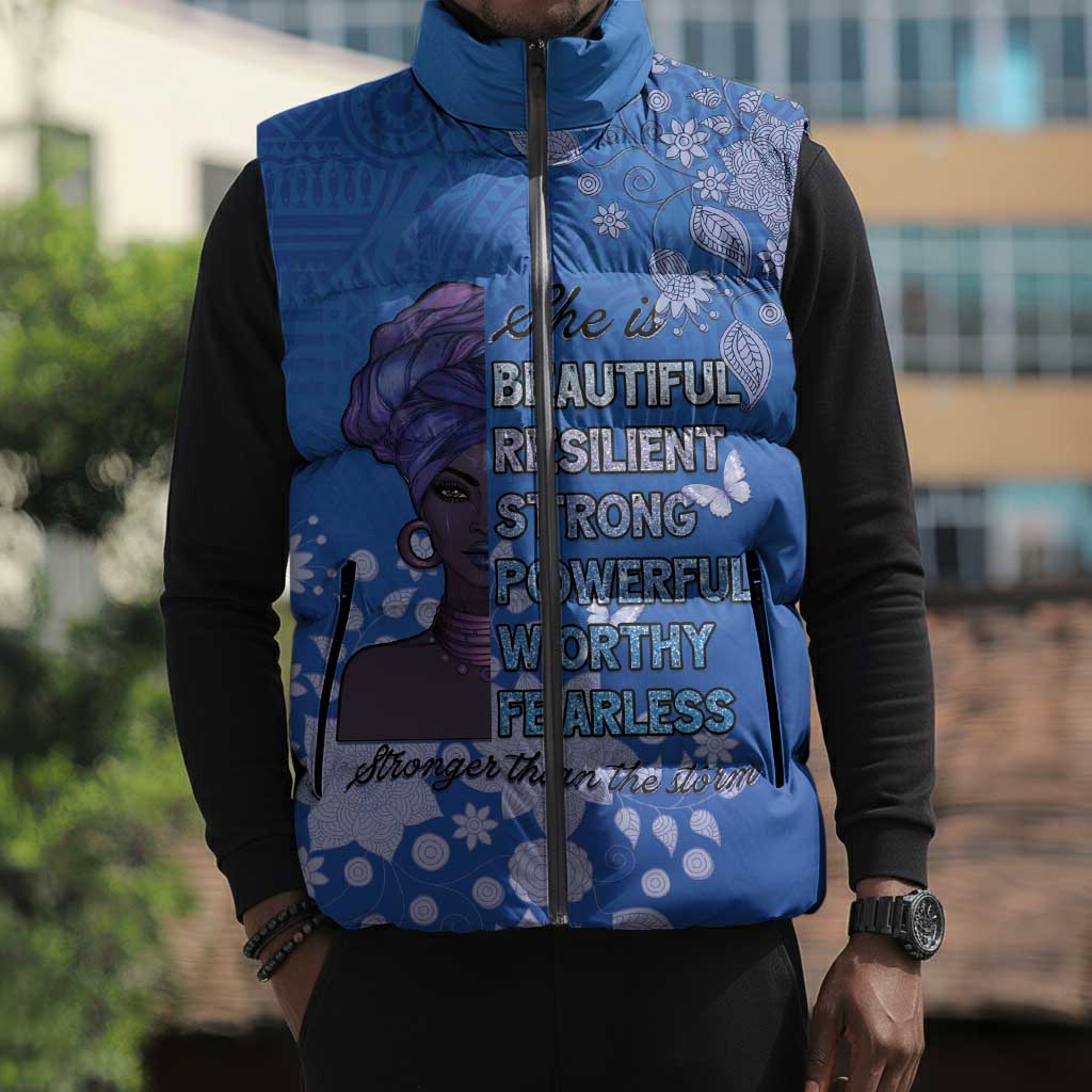 African Women Sleeveless Puffer Jacket Black Beautiful Brave and Bressed - Blue Color
