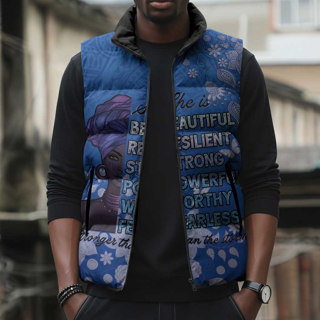 African Women Sleeveless Puffer Jacket Black Beautiful Brave and Bressed - Blue Color