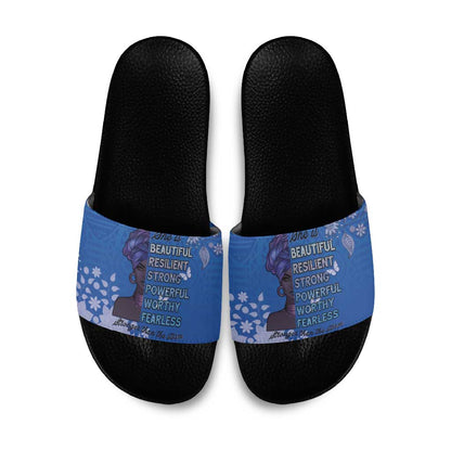 African Women Slide Sandals Black Beautiful Brave and Bressed - Blue Color