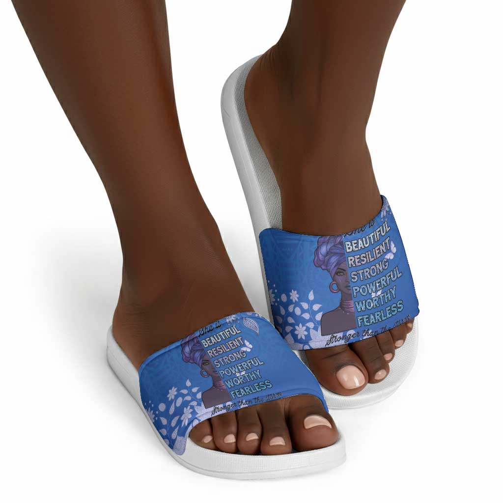 African Women Slide Sandals Black Beautiful Brave and Bressed - Blue Color