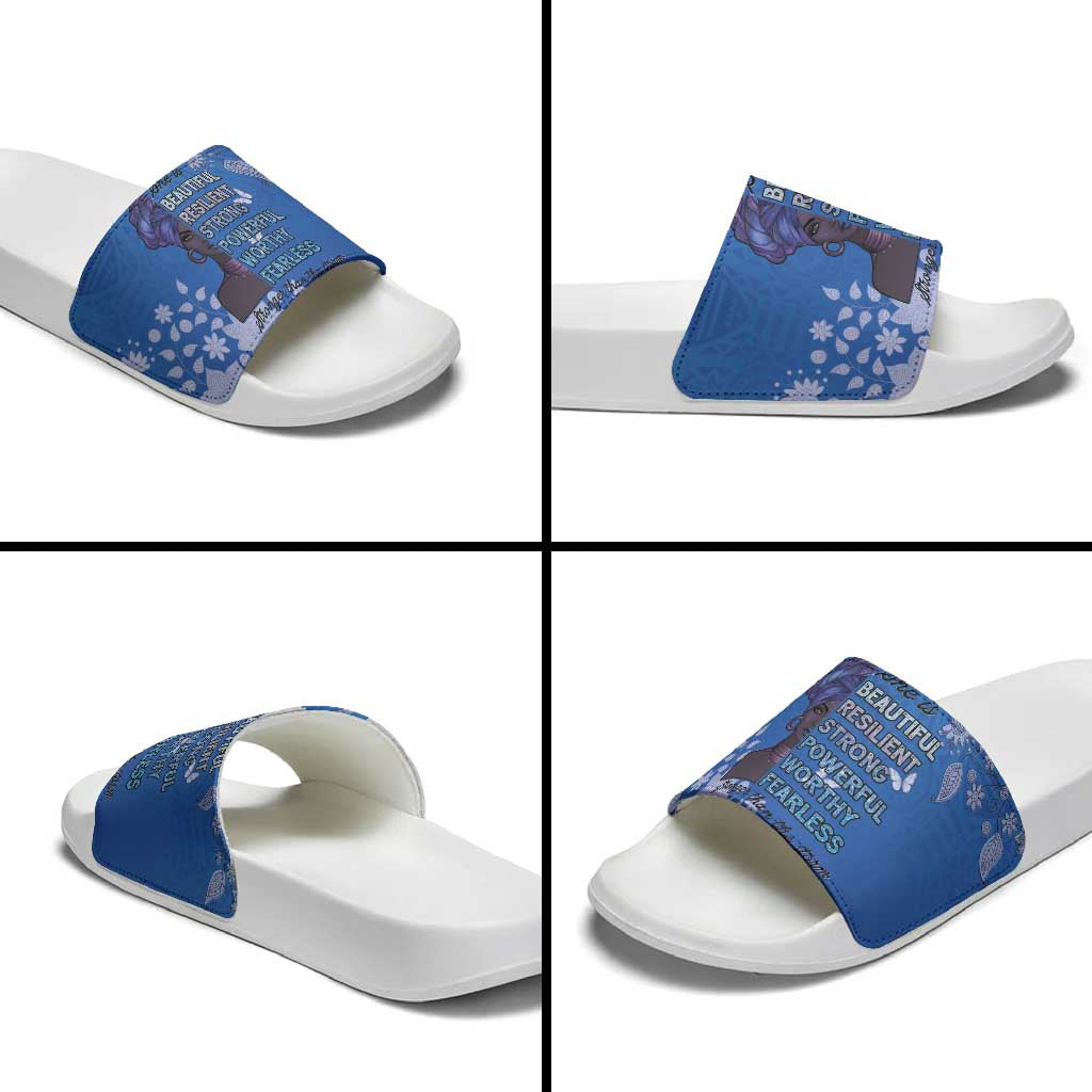 African Women Slide Sandals Black Beautiful Brave and Bressed - Blue Color