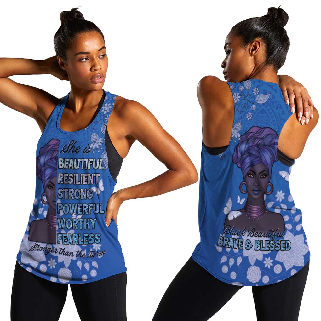 African Women Black Beautiful Brave and Bressed - Blue Color Women Racerback Tank - African Pride