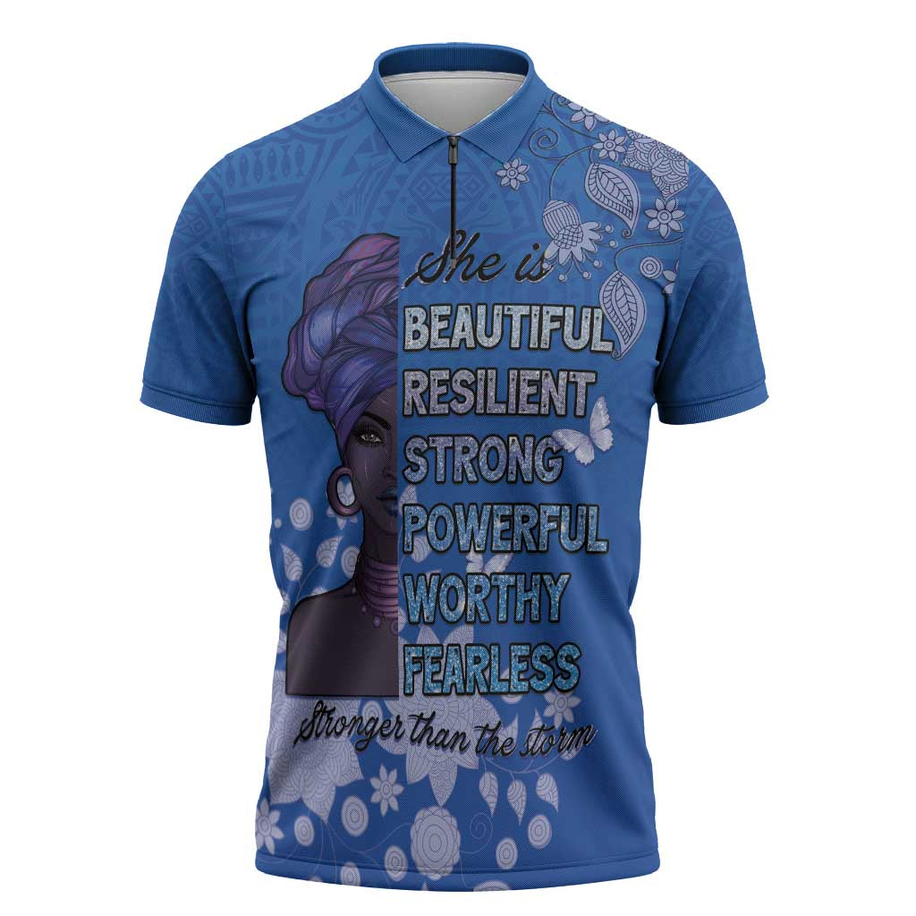 African Women Zipper Polo Shirt Black Beautiful Brave and Bressed - Blue Color