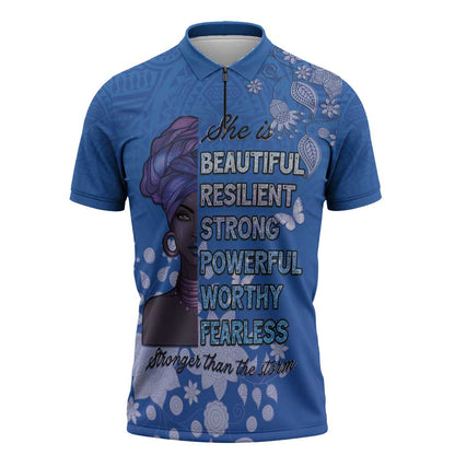 African Women Zipper Polo Shirt Black Beautiful Brave and Bressed - Blue Color