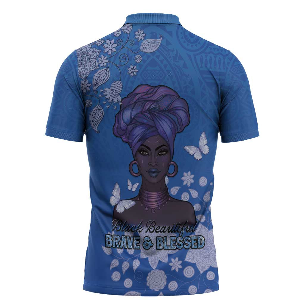 African Women Zipper Polo Shirt Black Beautiful Brave and Bressed - Blue Color