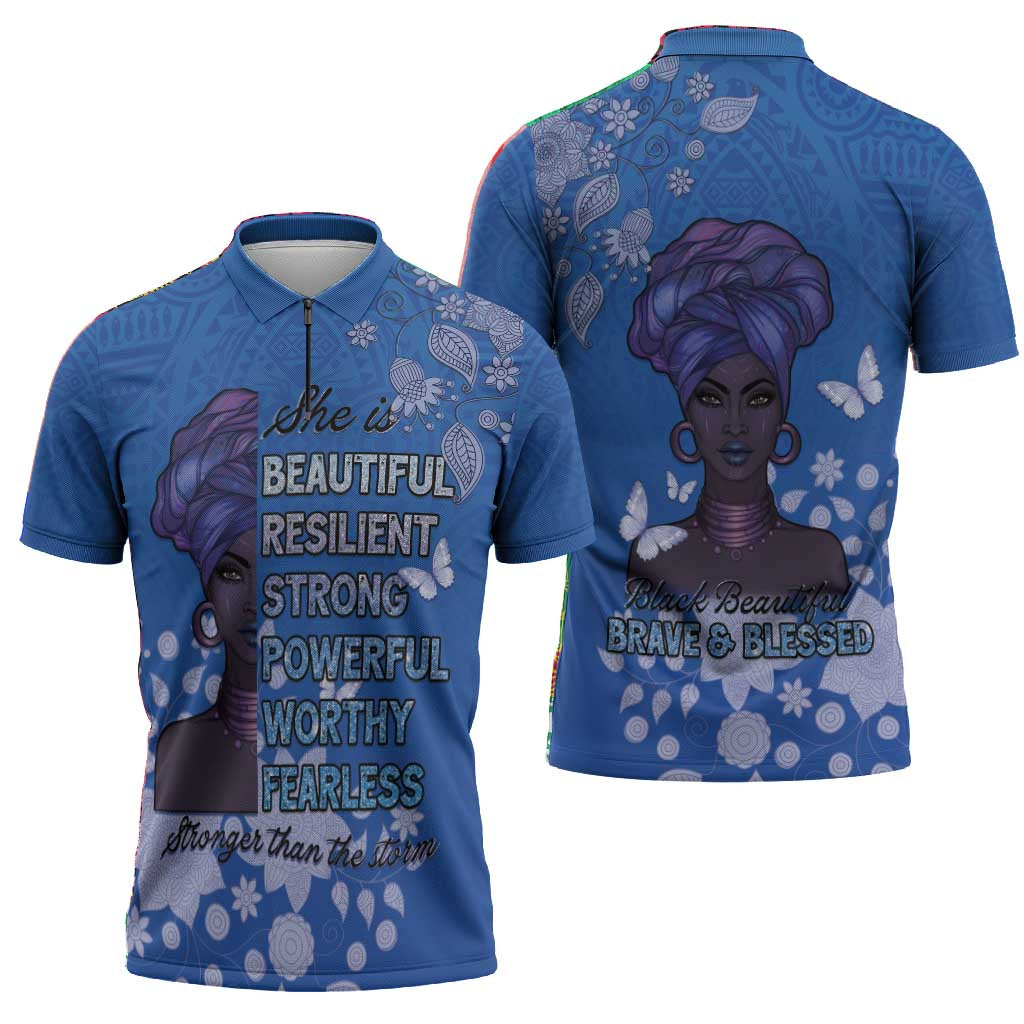 African Women Zipper Polo Shirt Black Beautiful Brave and Bressed - Blue Color