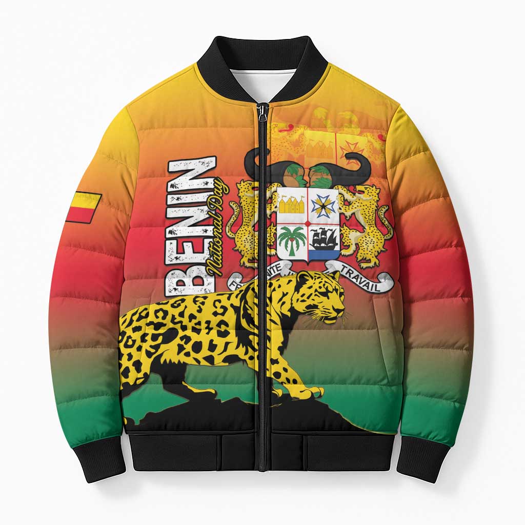 Personalized Benin National Day Bomber Puffer Jacket Leopard With Coat Of Arms