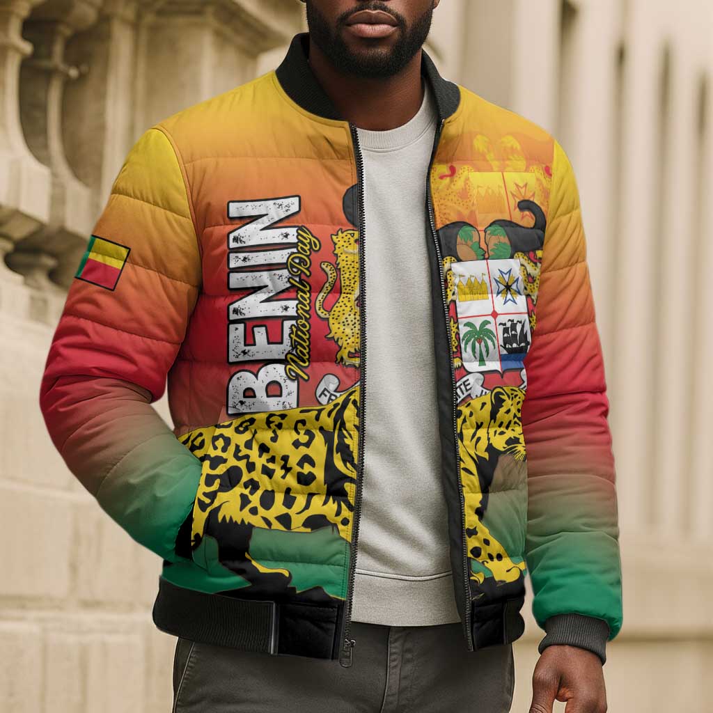 Personalized Benin National Day Bomber Puffer Jacket Leopard With Coat Of Arms