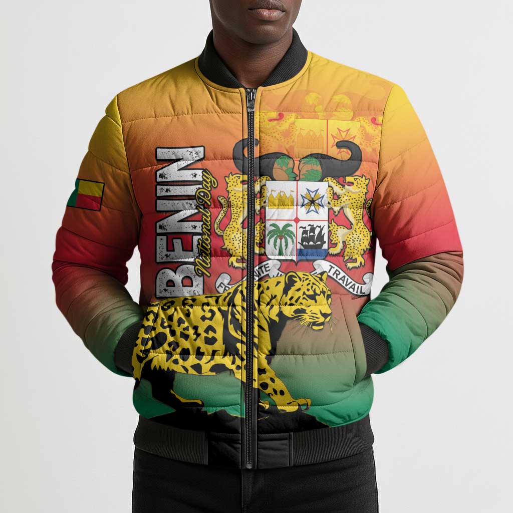 Personalized Benin National Day Bomber Puffer Jacket Leopard With Coat Of Arms