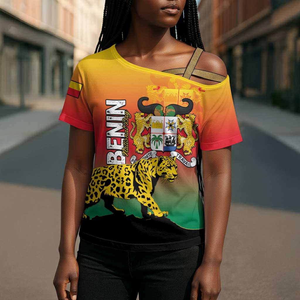 Personalized Benin National Day Cross Shoulder Shirt Leopard With Coat Of Arms