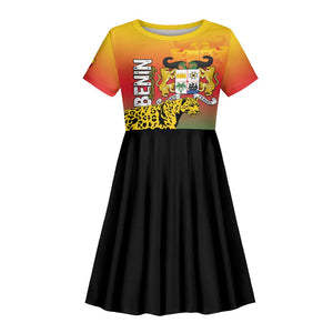 Personalized Benin National Day Kid Short Sleeve Dress Leopard With Coat Of Arms - African Pride