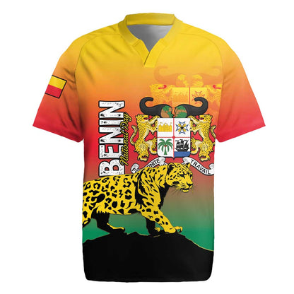 Personalized Benin National Day Rugby Jersey Leopard With Coat Of Arms - African Pride