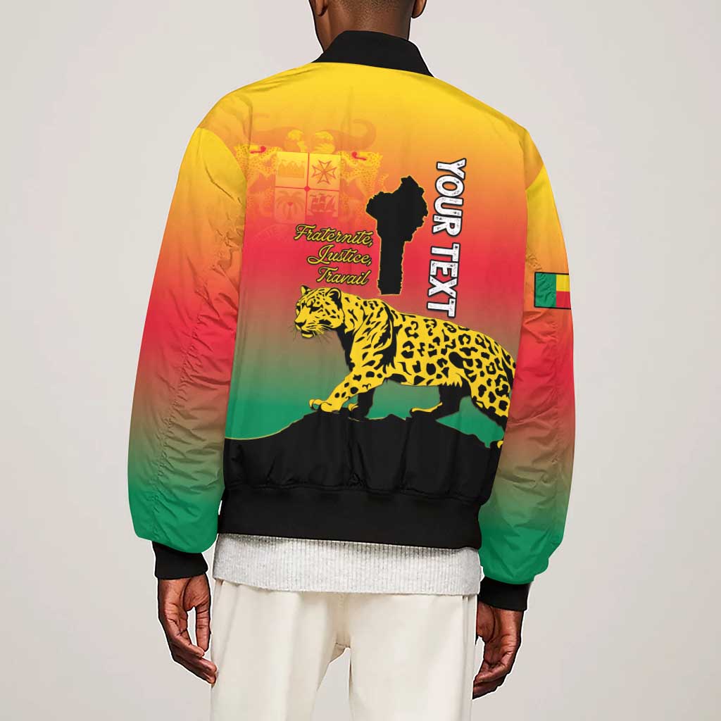 Personalized Benin National Day Sleeve Zip Bomber Jacket Leopard With Coat Of Arms - African Pride