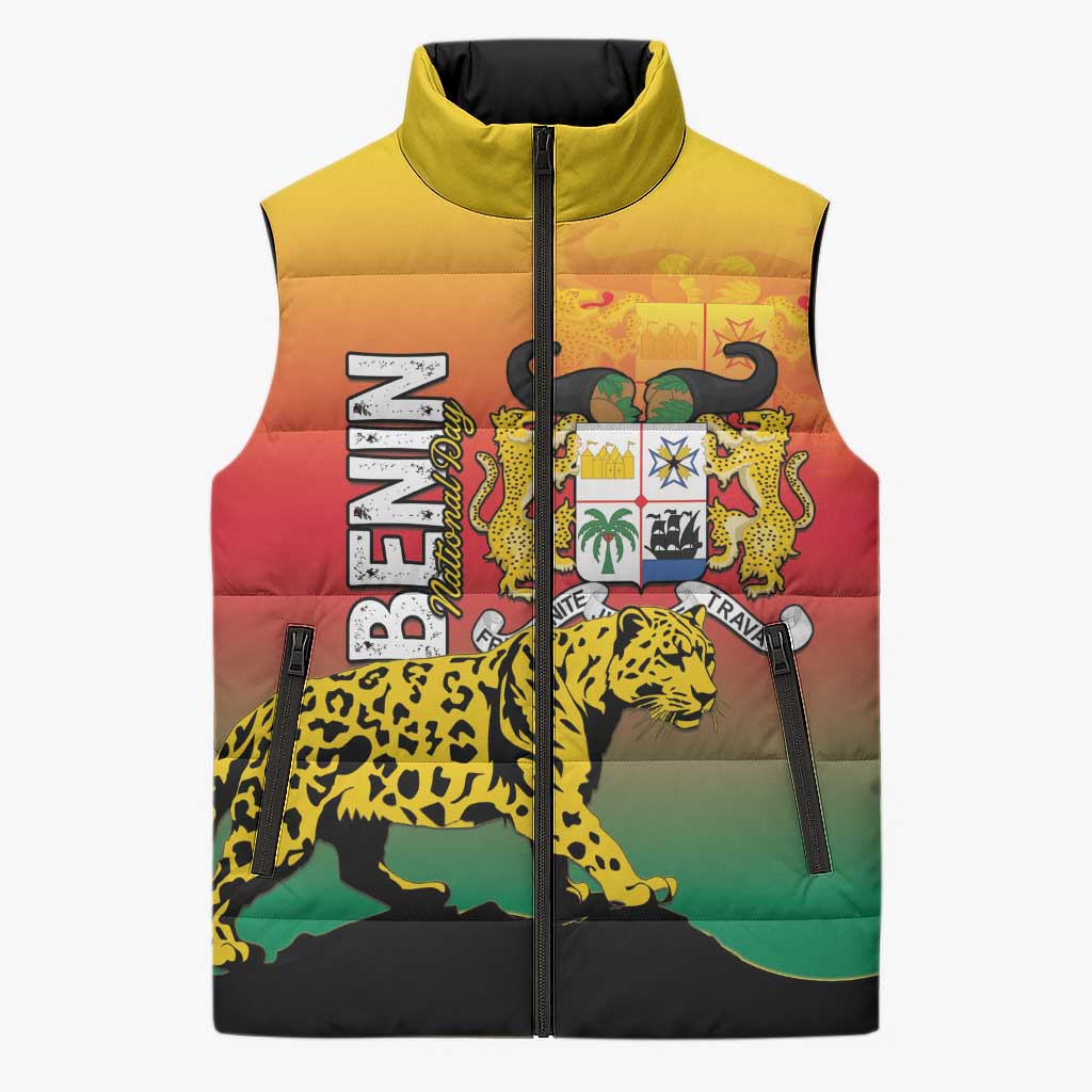 Personalized Benin National Day Sleeveless Puffer Jacket Leopard With Coat Of Arms