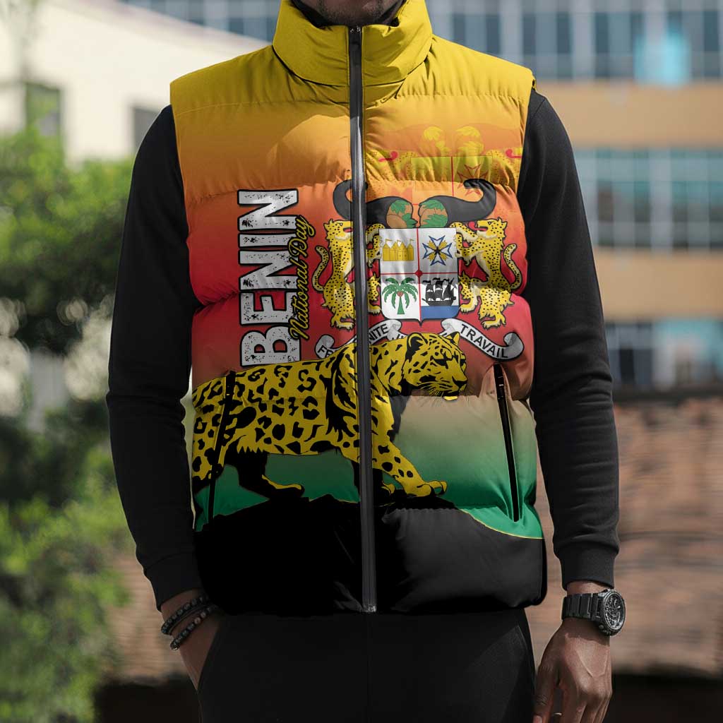 Personalized Benin National Day Sleeveless Puffer Jacket Leopard With Coat Of Arms