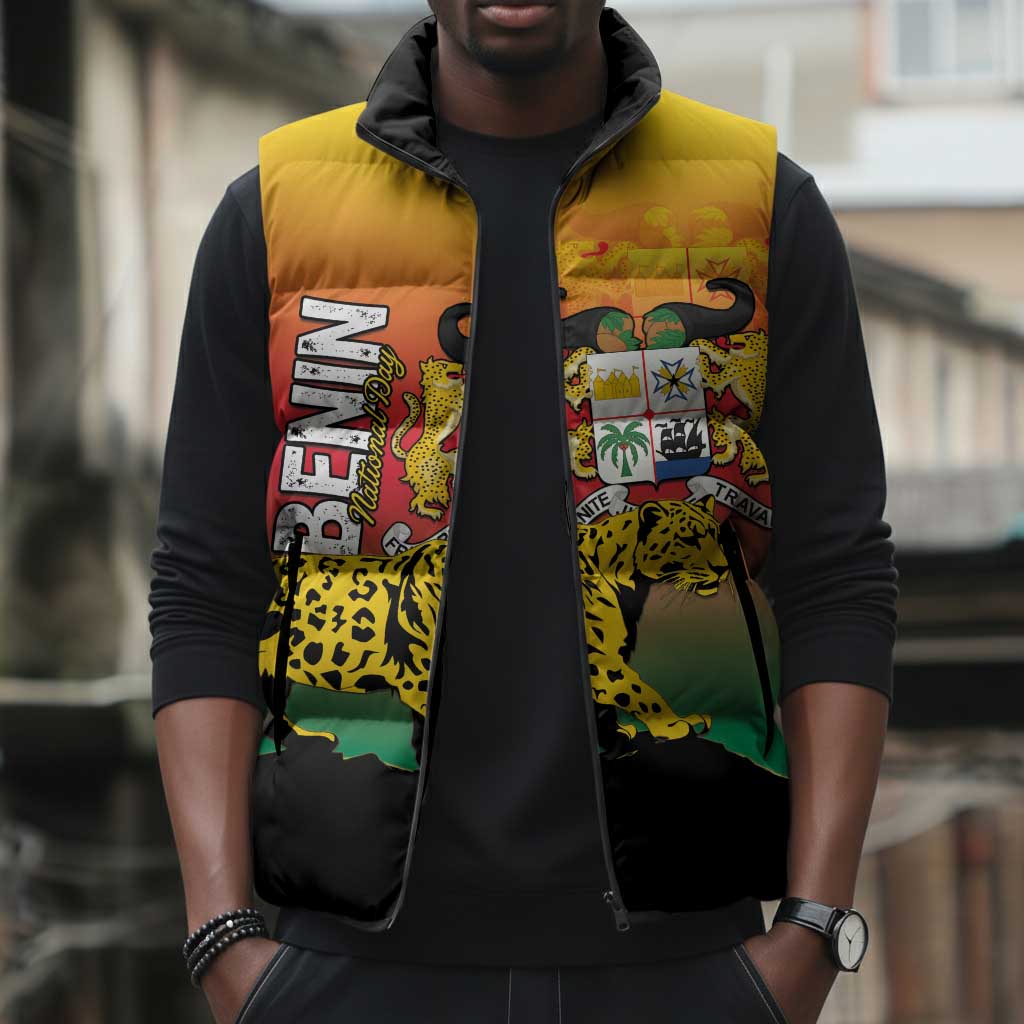 Personalized Benin National Day Sleeveless Puffer Jacket Leopard With Coat Of Arms