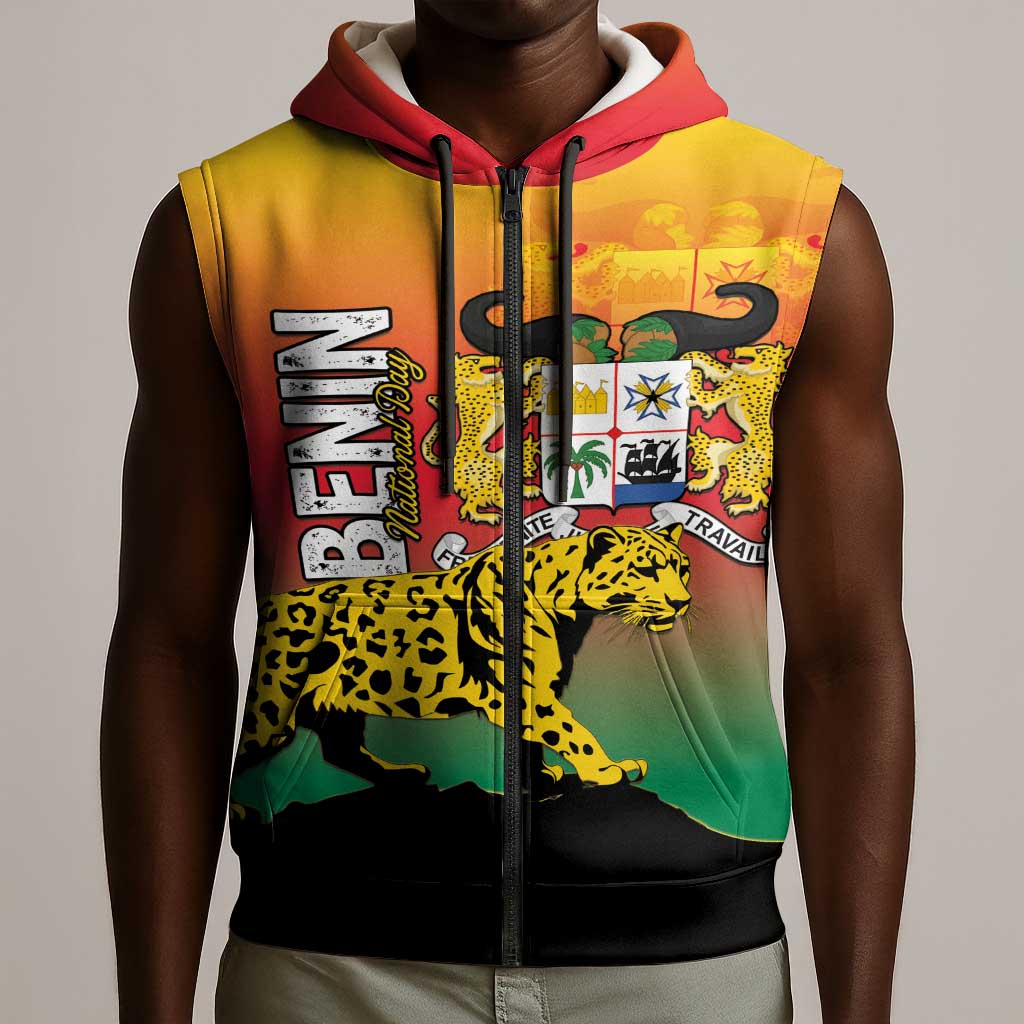Personalized Benin National Day Sleeveless Zip Hoodie Leopard With Coat Of Arms - African Pride
