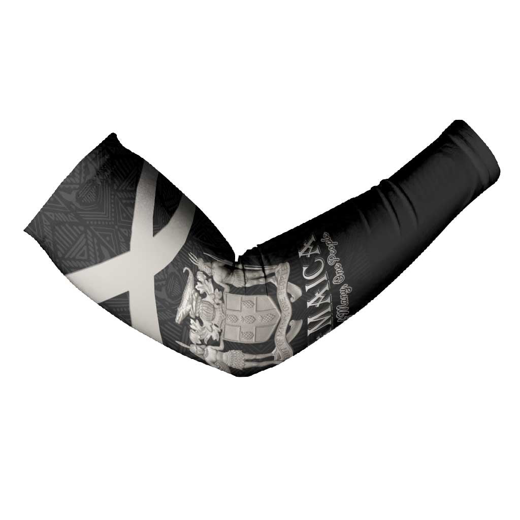 Personalized Jamaica Arm Sleeves Coat Of Arms With Rastafarian Lion Silver Color