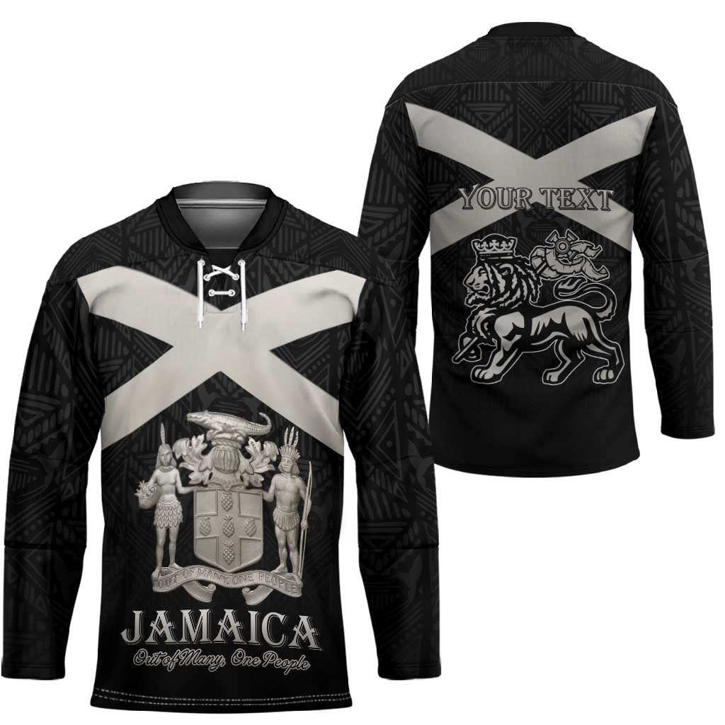 Personalized Jamaica Hockey Jersey Coat Of Arms With Rastafarian Lion Silver Color