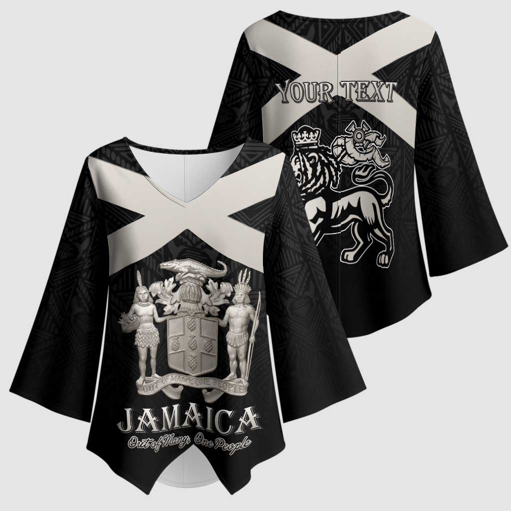 Personalized Jamaica Kimono Sleeve Blouse Coat Of Arms With Rastafarian Lion Silver Color