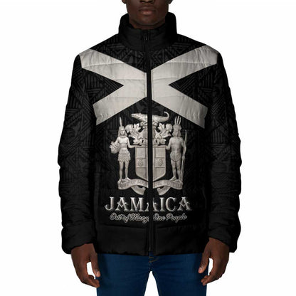 Personalized Jamaica Padded Jacket Coat Of Arms With Rastafarian Lion Silver Color